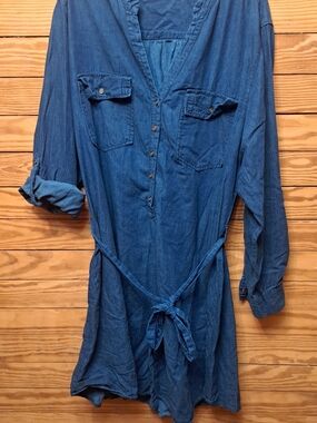 Womens 100% cotton Denim Dress Roll Sleeves Cottage Sz 3X Falling Flower